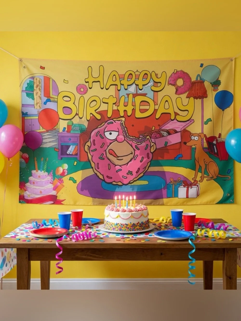 The Simpsons Happy Birthday Pink Donut Party Backdrop - Home Party Supplies